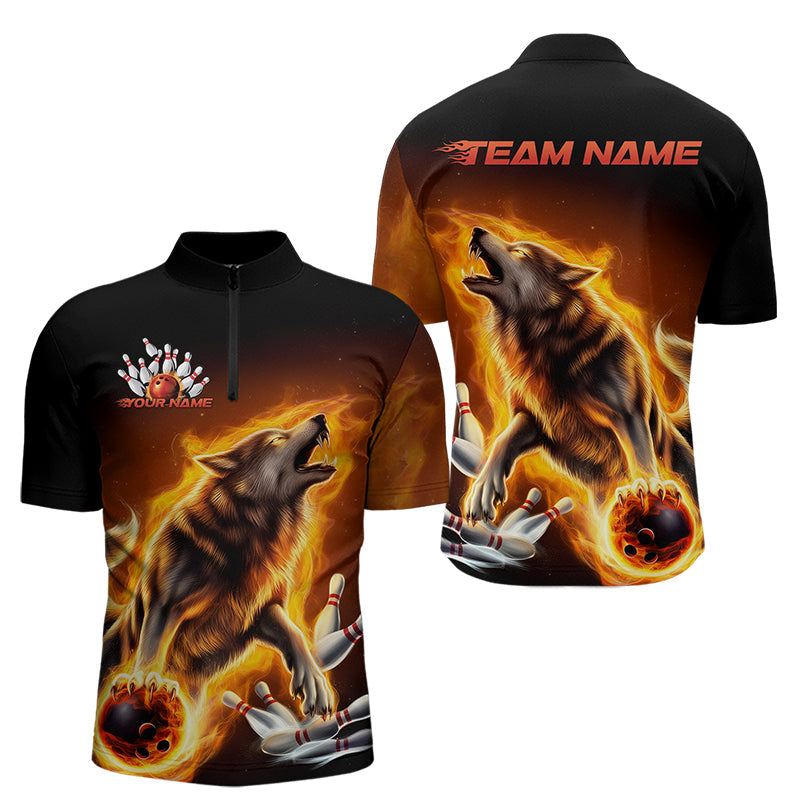 Custom Fire Flaming Wolf Bowling Quarter-Zip Shirts For Men, Wolf Bowling Tournament Shirt IPHW8427