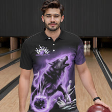 Load image into Gallery viewer, Custom Purple Fire Flaming Wolf Bowling Polo Shirts For Men, Wolf Bowling Tournament Shirt IPHW8428