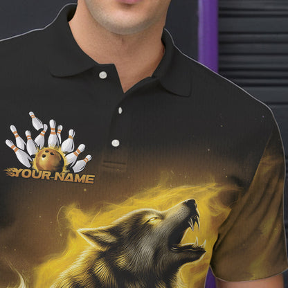 Custom Yellow Fire Flaming Wolf Bowling Polo Shirts For Men, Wolf Bowling Tournament Shirt IPHW8430