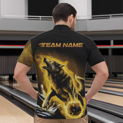 Custom Yellow Fire Flaming Wolf Bowling Quarter-Zip Shirts For Men, Wolf Bowling Tournament Shirt IPHW8430