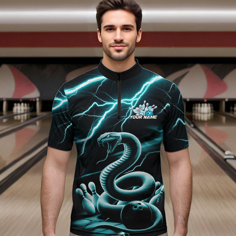 Custom Black And Blue Thunder Lightning Snake Bowling Quarter-Zip Shirts For Men, Team Outfits IPHW8647