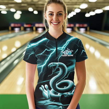 Custom Black And Blue Thunder Lightning Snake Womens Bowling Quarter-Zip Shirt, Team Outfit IPHW8647