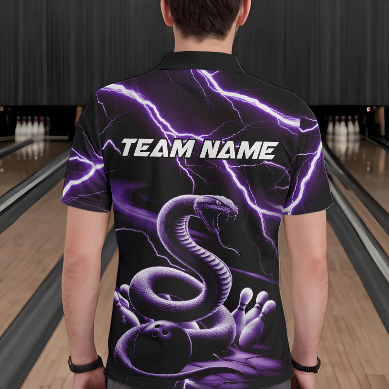 Custom Black And Purple Thunder Lightning Snake Bowling Polo Shirts For Men, Team Outfits IPHW8648