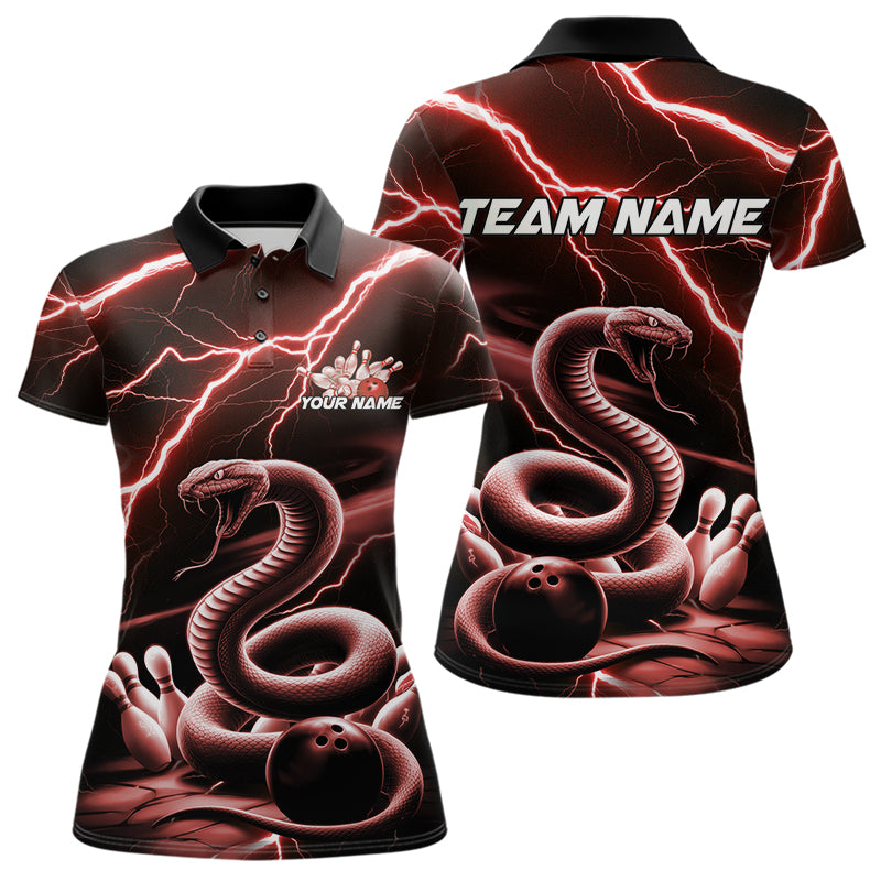 Custom Black And Red Thunder Lightning Snake Bowling Polo Shirts For Women, Team Outfits IPHW8649