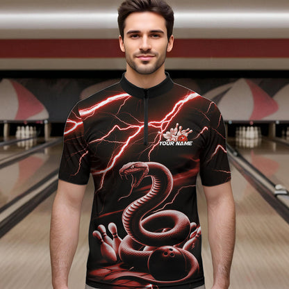 Custom Black And Red Thunder Lightning Snake Bowling Quarter-Zip Shirts For Men, Team Outfits IPHW8649