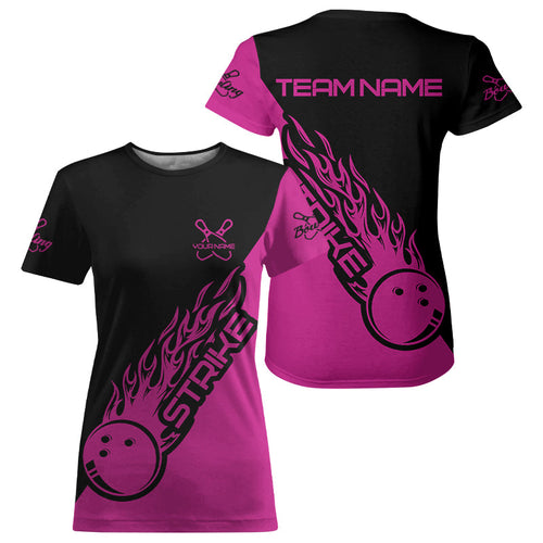 Custom Pink Flame Strike Bowling Women T-Shirts, Bowling Team Bowling Strike IPHW4290
