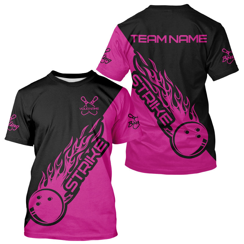 Custom Pink Flame Strike Bowling Men T-Shirts, Bowling Team Bowling Strike IPHW4290