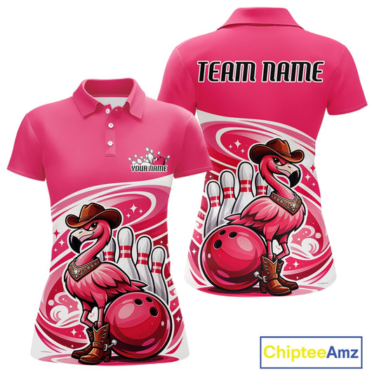 Front and back view of a pink women’s bowling polo shirt featuring a cowboy flamingo leaning on a bowling ball.