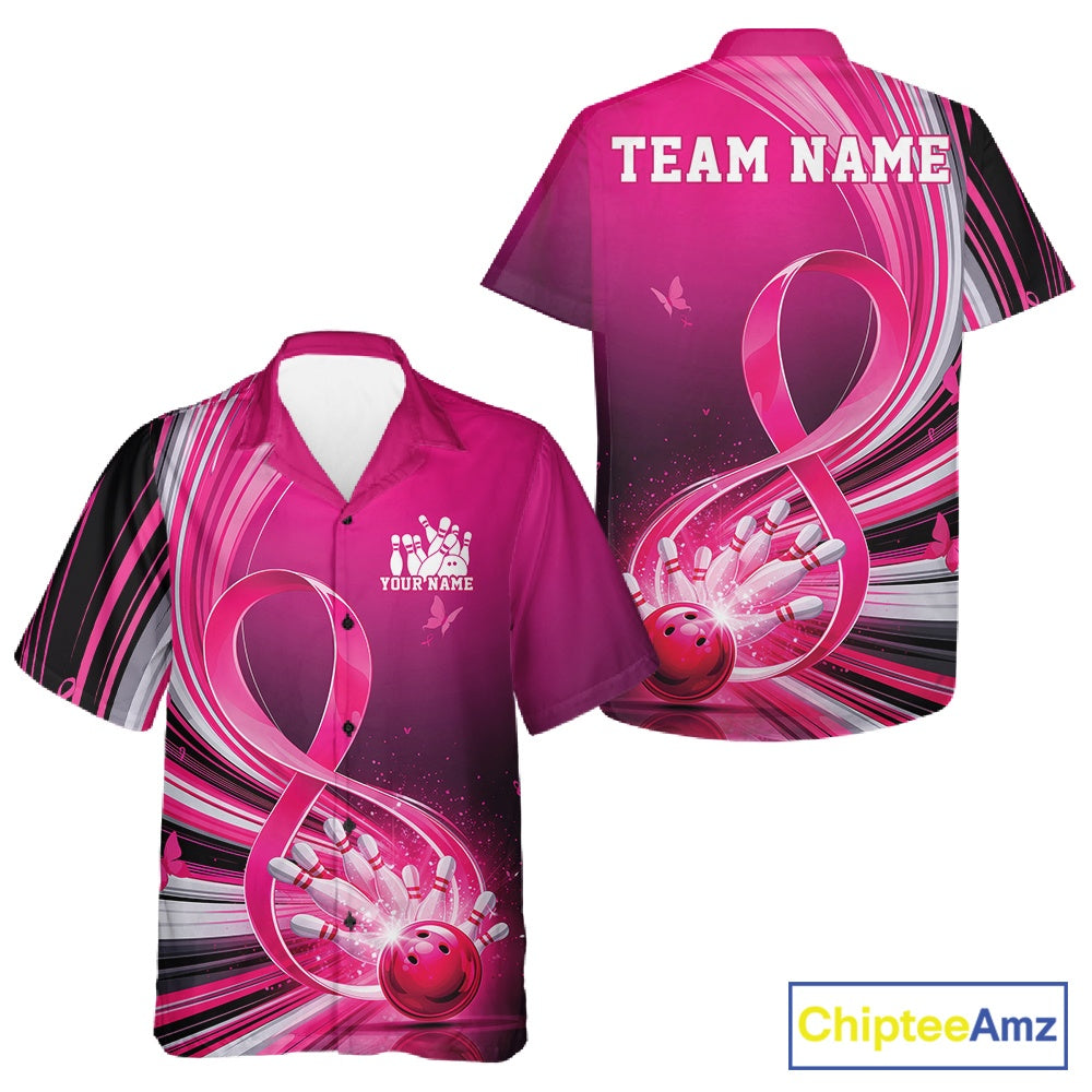Front and back view of a pink button-up bowling shirt mockup featuring breast cancer awareness pink ribbons and bowling-themed graphics.