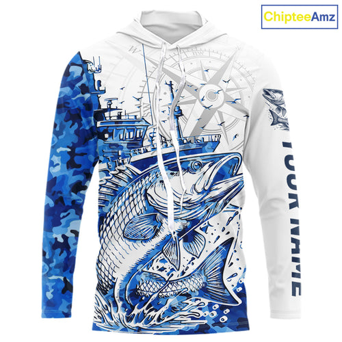Custom Blue Camo Saltwater Redfish Long Sleeve Hooded Fishing Shirts, Offshore Fishing Shirt IPHW9170