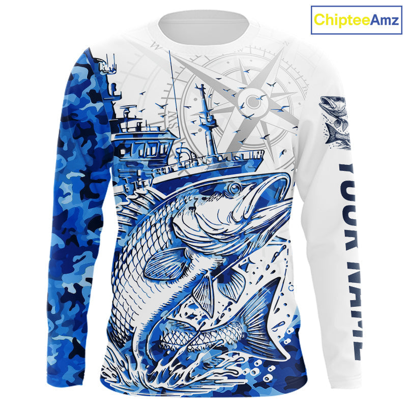 Custom Blue Camo Saltwater Redfish Puppy Drum Long Sleeve Fishing Shirts, Offshore Fishing Shirt IPHW9170