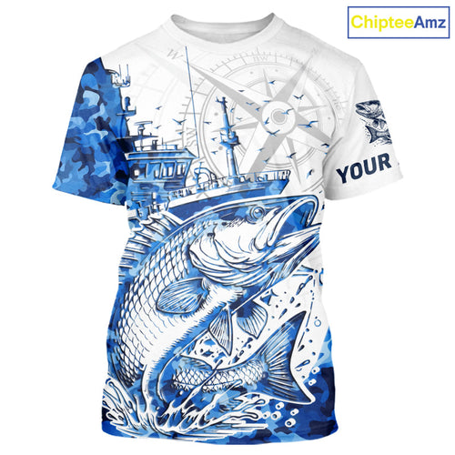 Custom Blue Camo Saltwater Redfish Puppy Drum Fishing T-Shirts, Offshore Fishing T-Shirt IPHW9170