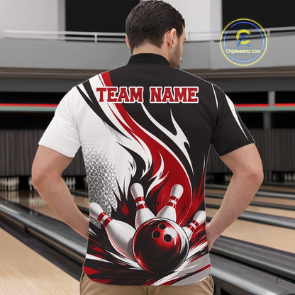 Front view of a male model wearing a white, black, and red bowling quarter zip shirt featuring a flaming bowling ball striking pins artwork in a bowling lane.
