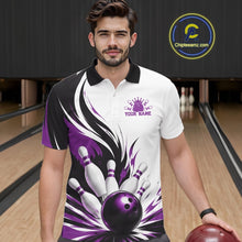 Load image into Gallery viewer, Front view of a male model wearing a white, black, and purple bowling polo shirt showcasing a flaming bowling ball striking pins artwork in a bowling lane.