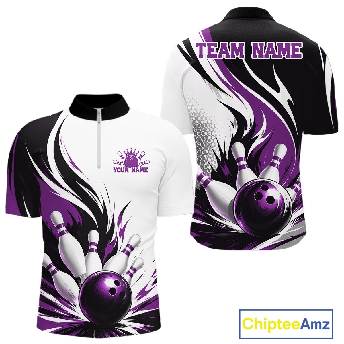 Front and back view of a men's bowling quarter zip shirt mockup featuring a flaming bowling ball striking pins design on a white, black, and purple shirt.