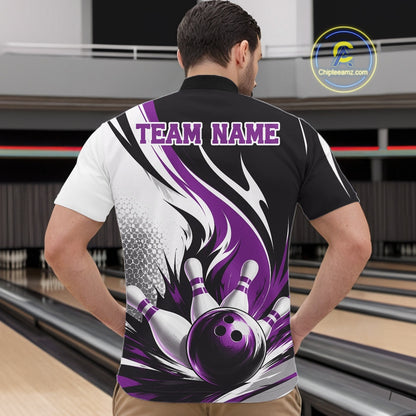 Front view of a male model wearing a white, black, and purple bowling quarter zip shirt featuring a flaming bowling ball striking pins in a bowling lane.