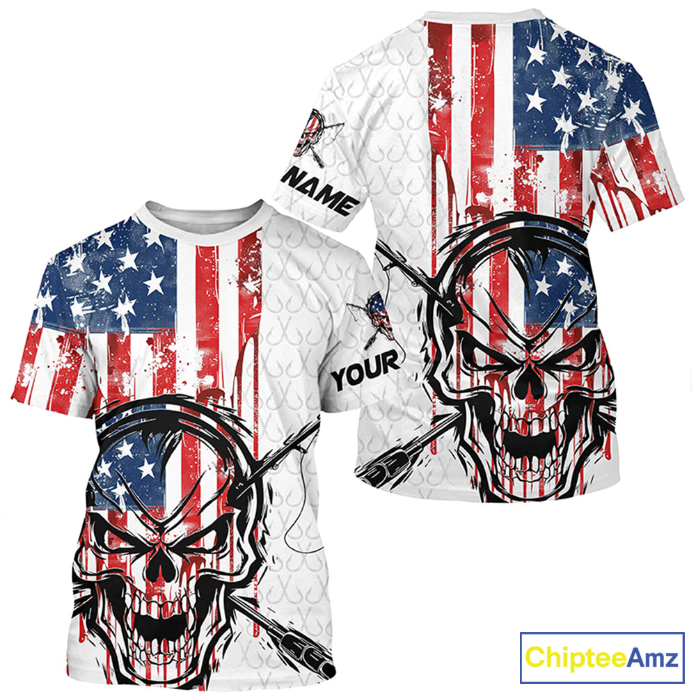 American Flag Fishing Skull Custom Long Sleeve Fishing Shirts, Patriotic Fishing Jerseys IPHW6996