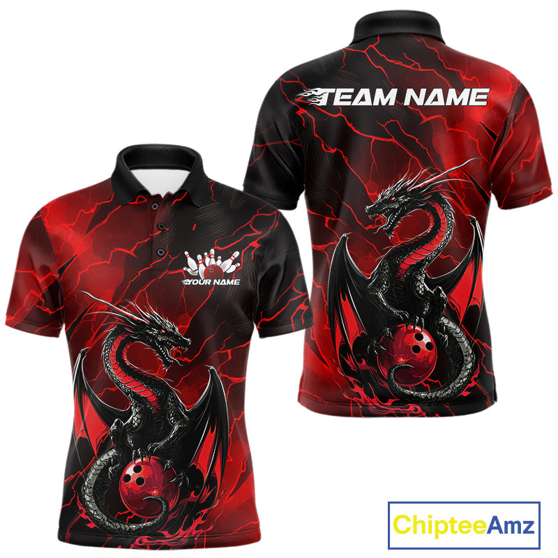 Custom Red Lightning Dragon Bowling Polo Shirt For Men, Dragon Bowling Team Jersey IPHW9901
