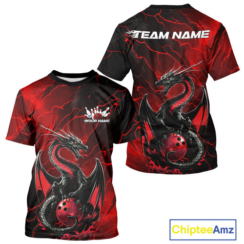 Custom Red Lightning Dragon Bowling T-Shirts For Men, Dragon Bowling Team Jersey IPHW9901