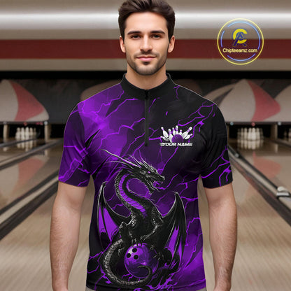 Custom Purple Lightning Dragon Bowling Quarter-Zip Shirt For Men, Dragon Bowling Team Jersey IPHW9902