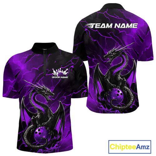 Custom Purple Lightning Dragon Bowling Quarter-Zip Shirt For Men, Dragon Bowling Team Jersey IPHW9902