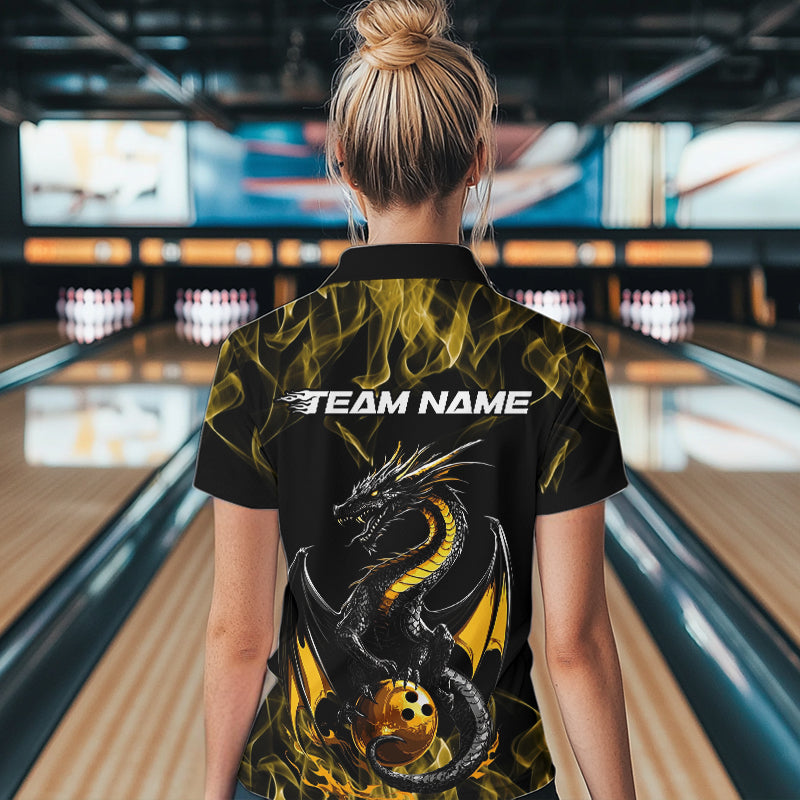 Custom Black And Gold Flame Dragon Bowling Womens Quarter-Zip Shirts, Bowling League Shirt IPHW8653