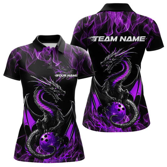 Custom Black And Purple Flame Dragon Bowling Team Womens Polo Shirts, Bowling League Shirt IPHW8654