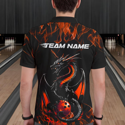 Custom Black And Orange Flame Dragon Bowling Team Polo Shirts For Men, Bowling League Shirt IPHW8655