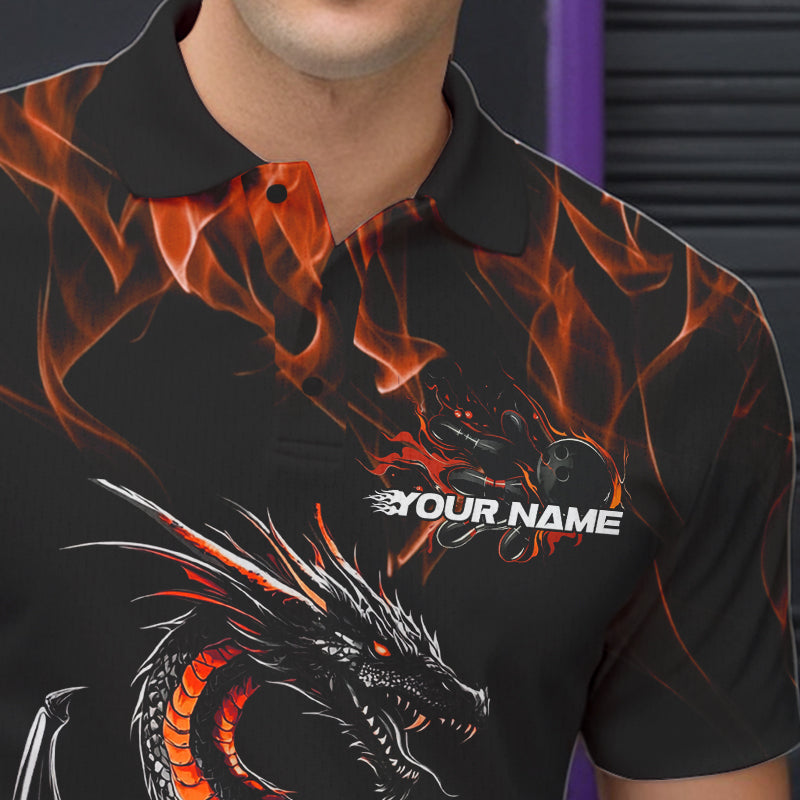 Custom Black And Orange Flame Dragon Bowling Team Polo Shirts For Men, Bowling League Shirt IPHW8655