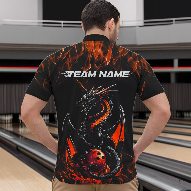 Custom Black And Orange Flame Dragon Bowling Team Quarter-Zip Shirts For Men, Bowling League Shirt IPHW8655