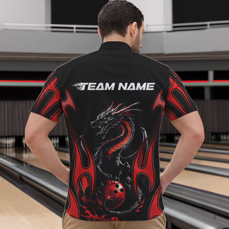 Custom Black And Red Flame Dragon Bowling Tournament Quarter-Zip Shirts For Men, Bowlers Outfits IPHW8656