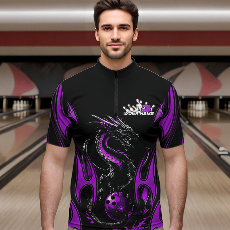 Custom Black And Purple Flame Dragon Bowling Tournament Quarter-Zip Shirts For Men, Bowlers Outfits IPHW8657