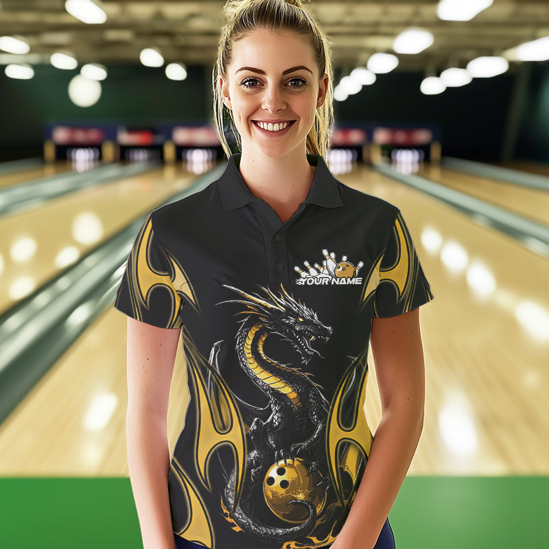 Custom Black And Gold Flame Dragon Bowling Tournament Womens Polo Shirts, Bowlers Outfits IPHW8658