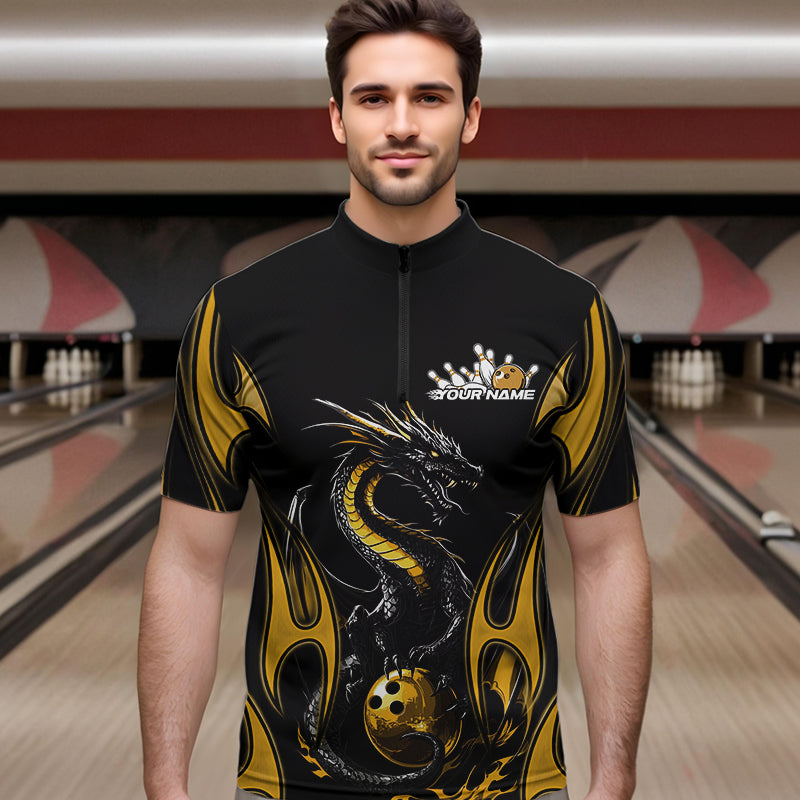 Custom Black And Gold Flame Dragon Bowling Tournament Quarter-Zip Shirts For Men, Bowlers Outfits IPHW8658