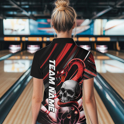 Custom Black And Red Snake Skull Bowling Quarter-Zip Shirts For Women, Bowling Team Shirt IPHW8670