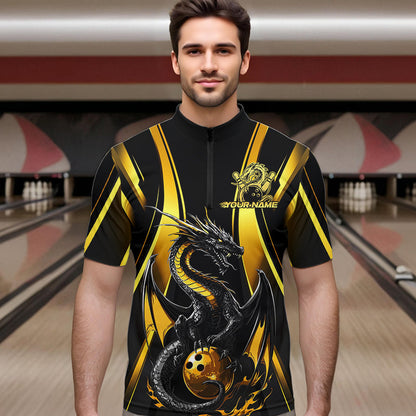 Custom Yellow Dragon Bowling Jerseys, Dragon Bowling Men Quarter-Zip Shirts Bowling League Shirt IPHW8927