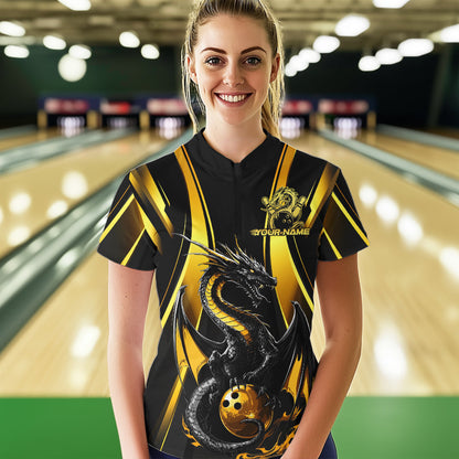 Custom Yellow Dragon Bowling Jerseys, Dragon Bowling Women Quarter-Zip Bowling League Shirt IPHW8927