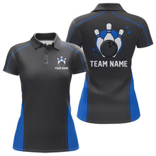 Load image into Gallery viewer, Custom Black And Mid Blue Classic Bowling Team Polo Shirt For Women, Bowling League Shirt IPHW9912