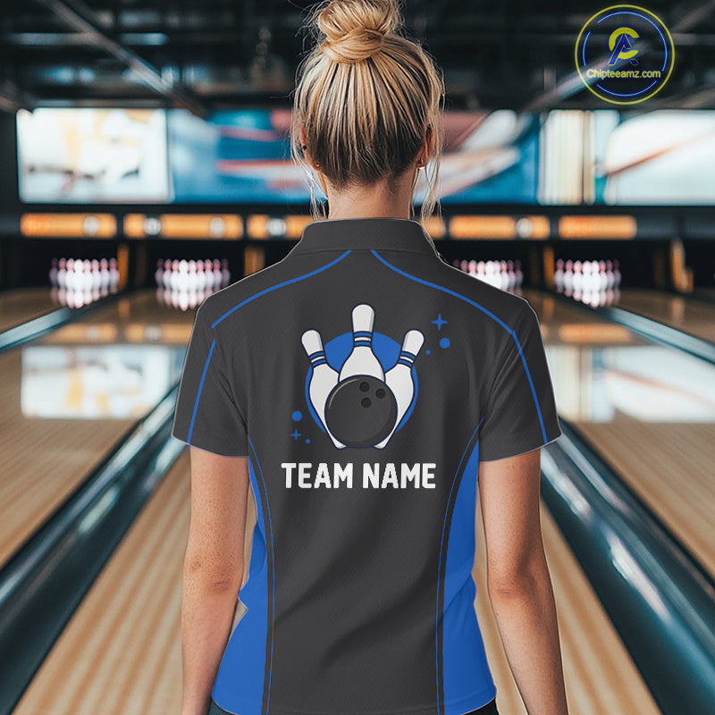 Custom Black And Mid Blue Classic Bowling Women Quarter-Zip Shirt, Bowling League Shirt IPHW9912