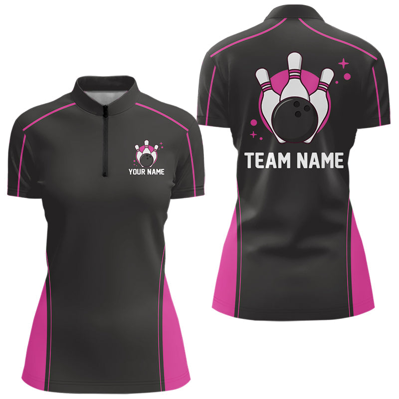 Custom Black And Pink Classic Bowling Team Women Quarter-Zip Shirt, Bowling League Shirt IPHW9915