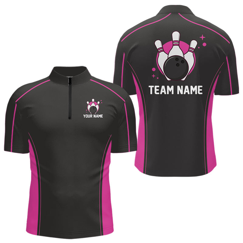 Custom Black And Pink Classic Bowling Team Quarter-Zip Shirt For Men, Bowling League Shirt IPHW9915