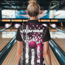 Load image into Gallery viewer, Pink Lightning US Flag Custom Bowling Team Jersey, Patriotic Bowling Polo Shirt For Women IPHW9916