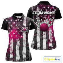 Load image into Gallery viewer, Pink Lightning US Flag Custom Bowling Team Jersey, Patriotic Bowling Polo Shirt For Women IPHW9916