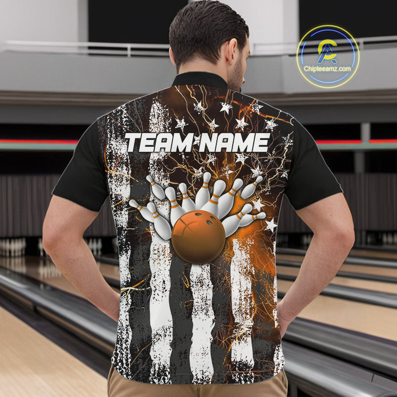 Orange Lightning US Flag Custom Bowling Team Jerseys, Patriotic Bowling Quarter-Zip Shirt For Men IPHW9917