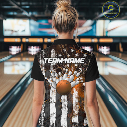 Orange Lightning US Flag Custom Bowling Jersey, Patriotic Bowling Women Quarter-Zip Shirt IPHW9917