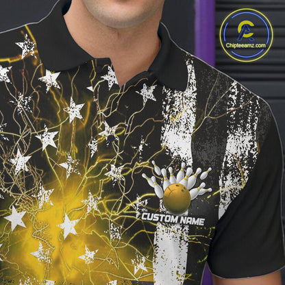 Yellow Lightning US Flag Custom Bowling Team Jerseys, Patriotic Bowling Polo Shirt For Men IPHW9918