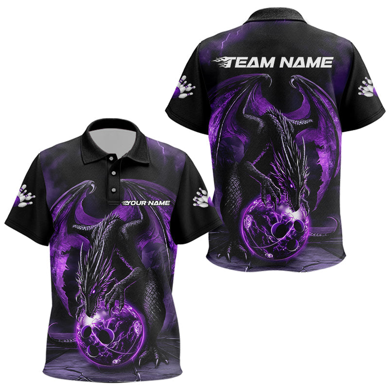 Black And Purple Custom Bowling Team Kid Polo Shirts, Dragon Bowling Uniform Bowler Outfits IPHW7990