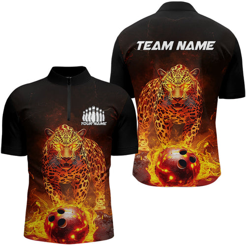 Custom Flaming Leopard Bowling Shirts For Men, Fire Bowling Team Shirt Bowler Uniform IPHW8000