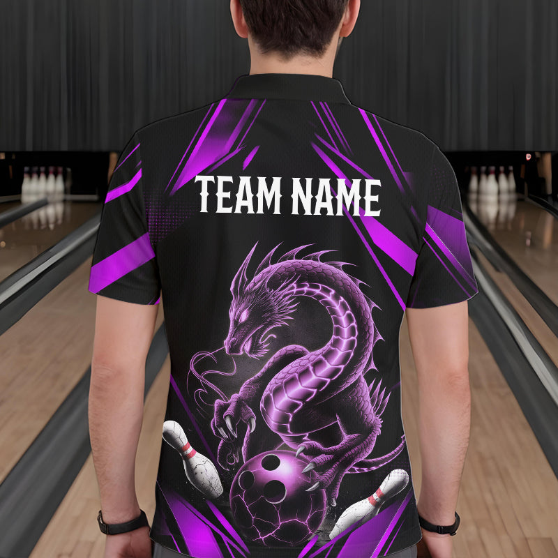 Custom Black And Purple Dragon Bowling Polo Shirts For Men, Dragon Bowling League Shirt IPHW8673