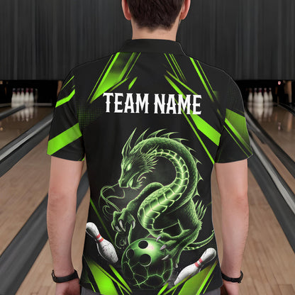 Custom Black And Green Dragon Bowling Polo Shirts For Men, Dragon Bowling League Shirt IPHW8674